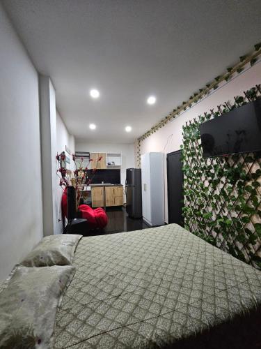een slaapkamer met een bed en een groene muur bij Apartamentos del Sur in Itagüí