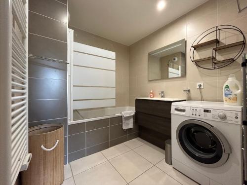 ein Badezimmer mit einer Waschmaschine und einem Waschbecken in der Unterkunft Résidence les Iris - T2 au pied du tram in Annemasse
