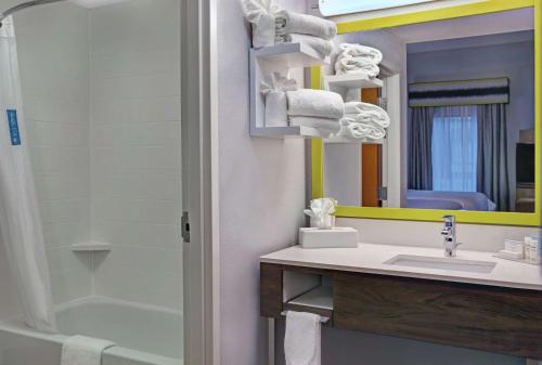 La salle de bains est pourvue d'un lavabo, d'une douche et d'un miroir. dans l'établissement Hampton Inn & Suites Augusta West, à Augusta