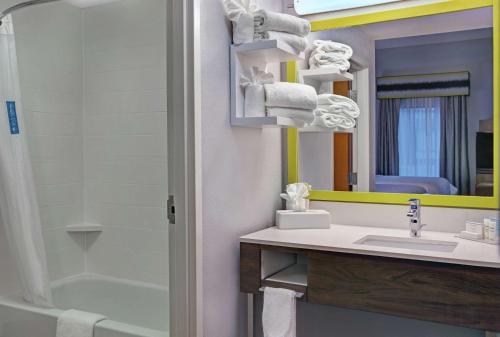 a bathroom with a sink and a shower and a mirror at Hampton Inn & Suites Augusta West in Augusta