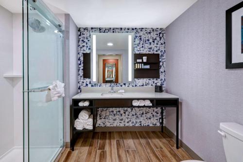 een badkamer met een wastafel en een spiegel bij Hilton Garden Inn Cedar Rapids in Cedar Rapids