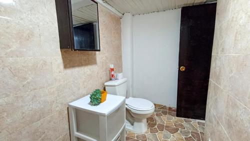 a bathroom with a white toilet and a shower at Mico Loco Casa Hostal in Bogotá