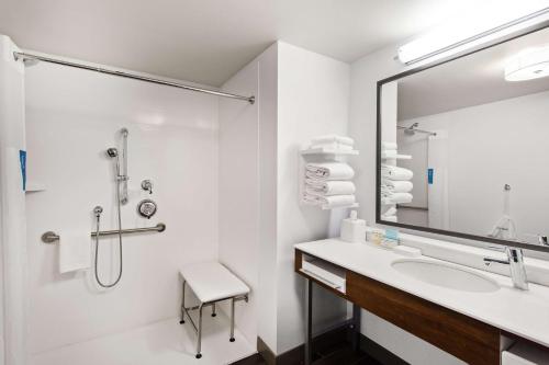 a bathroom with a sink and a shower and a mirror at Hampton Inn & Suites Leavenworth in Leavenworth
