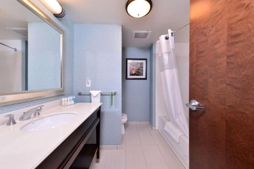 a bathroom with a sink and a toilet and a shower at Hampton Inn Potsdam in Potsdam