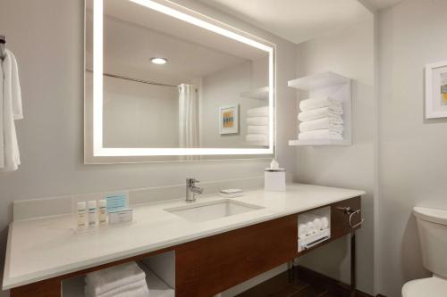Hampton Inn Dulles/Cascades في ستيرلينغ: حمام مع حوض ومرآة كبيرة