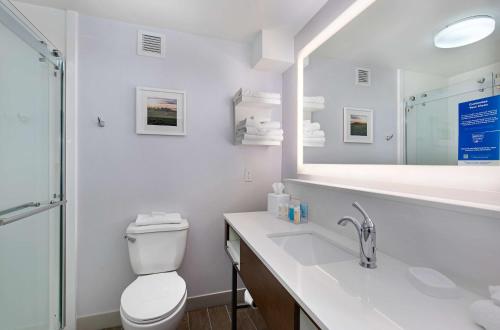 a bathroom with a toilet and a sink and a mirror at Hampton Inn Corbin in Corbin