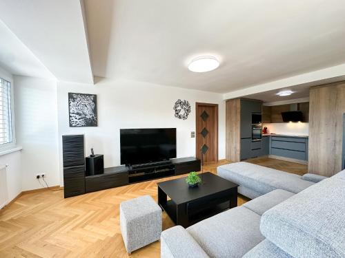 a living room with a couch and a tv at LUX residence, A/C, VIP parking, city view in Banská Bystrica