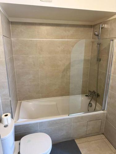 une salle de bain avec une baignoire, des toilettes et une douche dans l'établissement Magnifique Appart. spacieux 8P/ Défense-Courbevoie, à Courbevoie