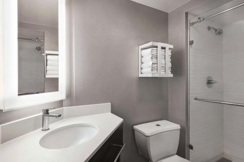 uma casa de banho com um lavatório, um WC e um chuveiro em Hampton Inn Chicago-O'Hare International Airport em Schiller Park