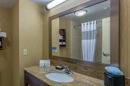 a bathroom with a sink and a large mirror at Hampton Inn Owings Mills in Owings Mills