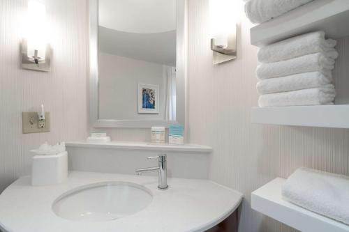 ein weißes Badezimmer mit einem Waschbecken und einem Spiegel in der Unterkunft Hampton Inn Downingtown/Exton in Exton