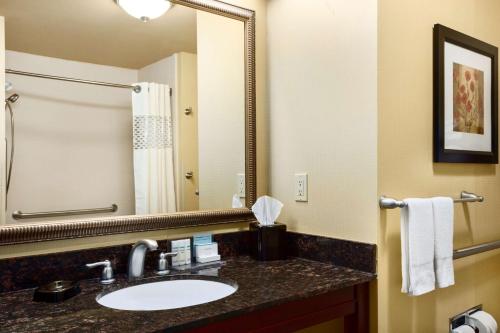a bathroom with a sink and a mirror at Hampton Inn & Suites Mission in Mission