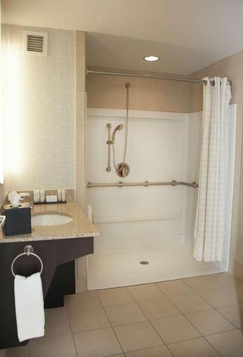 a bathroom with a sink and a shower at Embassy Suites Columbus - Airport in Columbus
