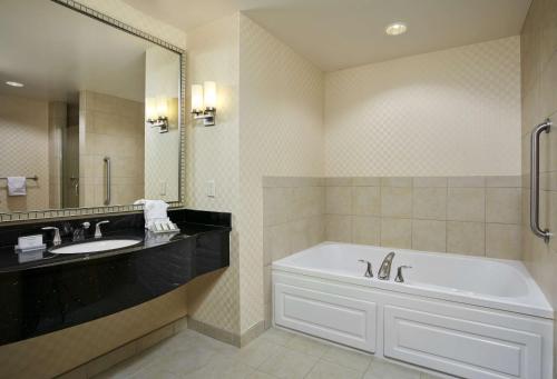 Hilton Garden Inn Rockville - Gaithersburg في روكفيل: حمام مع حوض ومغسلة ومرآة
