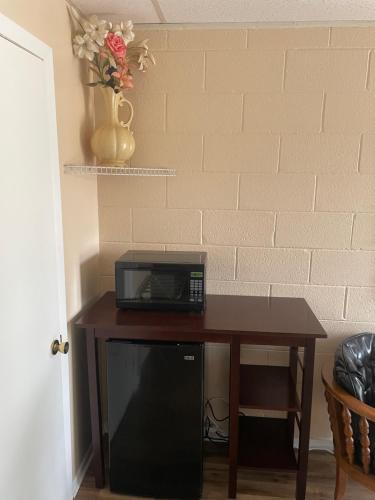 a microwave sitting on top of a wooden table at Riverview Inn in Grayling