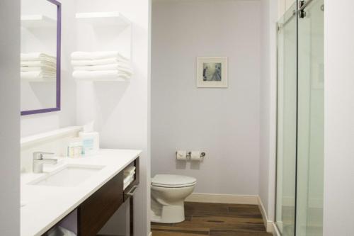 ein Bad mit einem WC, einem Waschbecken und einer Dusche in der Unterkunft Hampton Inn & Suites Warrington Horsham in Warrington