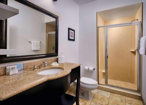 Hampton Inn Covington/Mandeville في كوفينجتون: حمام مع مرحاض ومغسلة ودش