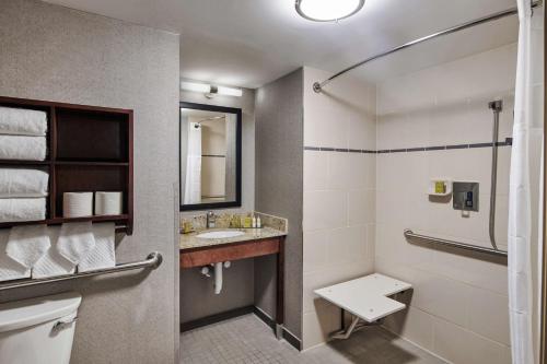 ein Bad mit einem Waschbecken und einem WC in der Unterkunft Doubletree By Hilton Raleigh Crabtree Valley in Raleigh