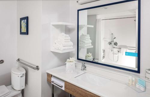 ein Badezimmer mit einem Waschbecken, einem Spiegel und einem WC in der Unterkunft Hampton Inn Cranbury in Cranbury