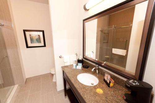 a bathroom with a sink and a mirror at Hampton Inn & Suites East Gate Regina in Regina