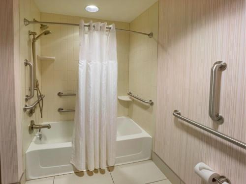 La salle de bains est pourvue d'un rideau de douche et d'une baignoire. dans l'établissement The Hilton Garden Inn Buffalo-Downtown, à Buffalo