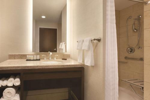 a bathroom with a sink and a shower at Embassy Suites by Hilton Akron Canton Airport in North Canton