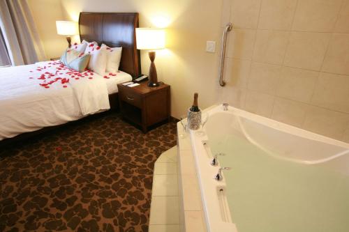 um quarto de hotel com uma cama e uma banheira em Hilton Garden Inn Charlotte/Concord em Concord