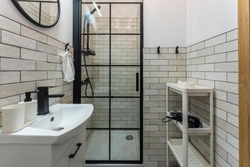 a bathroom with a sink and a glass shower at Apartament Wolności Lubomierz in Lubomierz