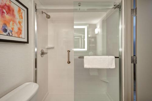 uma casa de banho com um chuveiro, um WC e um lavatório. em Hilton Garden Inn Detroit Metro Airport em Romulus