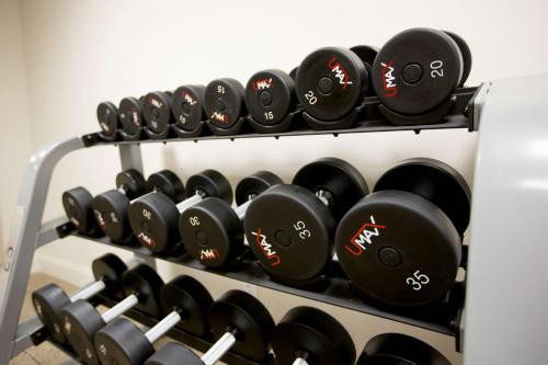 a bunch of dumbbells on a rack in a gym at Doubletree by Hilton McAllen in McAllen