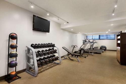 a gym with rows of exercise equipment and a flat screen tv at Embassy Suites by Hilton Piscataway Somerset in Piscataway