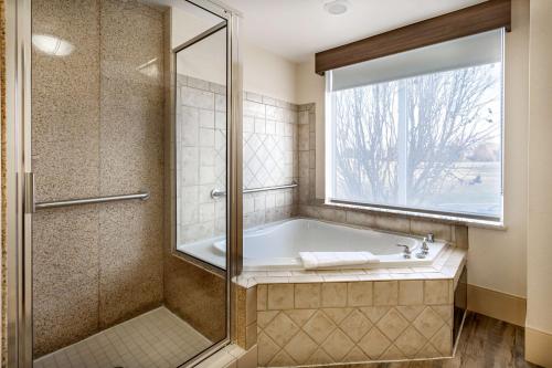 a bathroom with a tub and a window at Hilton Garden Inn Wooster in Wooster