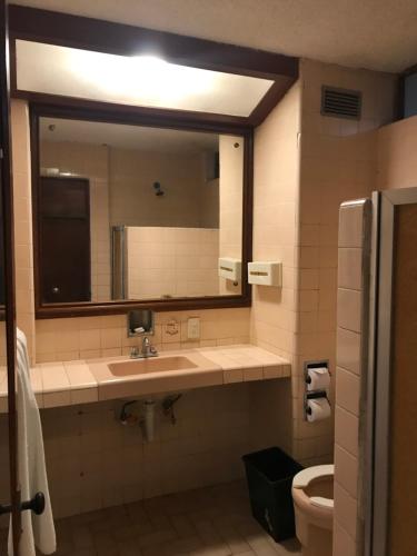 a bathroom with a sink and a mirror and a toilet at Hotel las hamacas in Acapulco
