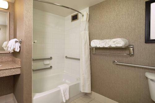 a bathroom with a tub and a toilet and a sink at Hilton Garden Inn Auburn Riverwatch in Auburn