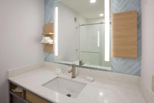 ein Bad mit einem Waschbecken und einer Dusche in der Unterkunft Hilton Garden Inn Minneapolis Eagan in Eagan