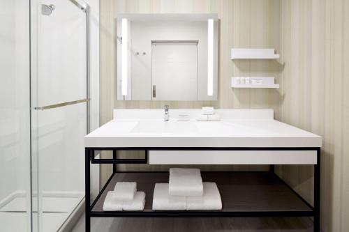 ein Badezimmer mit einem weißen Waschbecken und einer Dusche in der Unterkunft Hilton Garden Inn Montreal Midtown, Quebec, Canada in Montreal