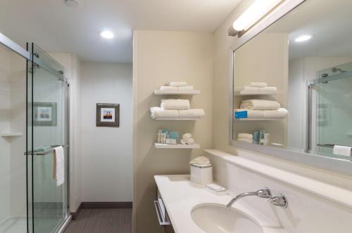 ein Bad mit einem Waschbecken und einem Spiegel in der Unterkunft Hampton Inn Oklahoma City Northeast OK in Oklahoma City