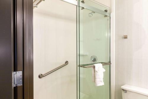 a shower with a glass door in a bathroom at Hilton Garden Inn West Des Moines in West Des Moines