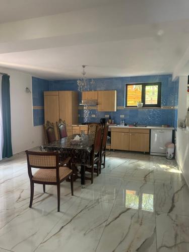 a kitchen with a dining room table and chairs at Casa Iuliana in Horezu