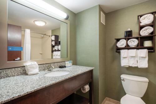 y baño con lavabo, aseo y espejo. en Hampton Inn University Area, Huntington, Wv, en Huntington