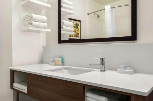 a bathroom with a sink and a mirror and towels at Hampton Inn Athens in Athens