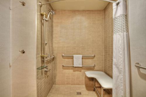 ein Bad mit einer Dusche und einem weißen Stuhl in der Unterkunft Hampton Inn Cookeville in Cookeville