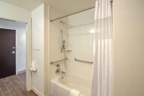 a bathroom with a tub and a shower with a shower curtain at Hampton Inn Crestview South I-10, Fl in Crestview