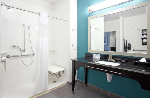 bagno con doccia, lavandino e specchio di Hampton Inn Kearney a Kearney