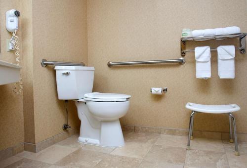 ein Bad mit einem WC, einem Stuhl und Handtüchern in der Unterkunft SPX Hotel Green Bay in Green Bay