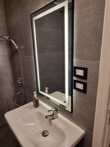 La salle de bains est pourvue d'un lavabo et d'un grand miroir. dans l'établissement Cozy modern apartment, au Caire