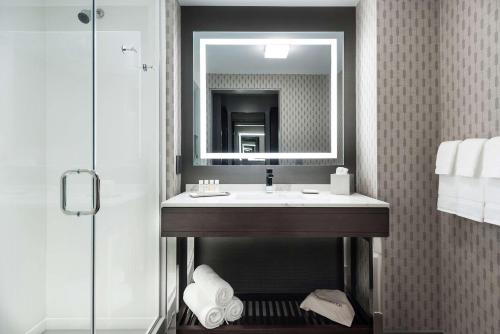 a bathroom with a sink and a mirror at Hilton Garden Inn Hanover Lebanon in Lebanon