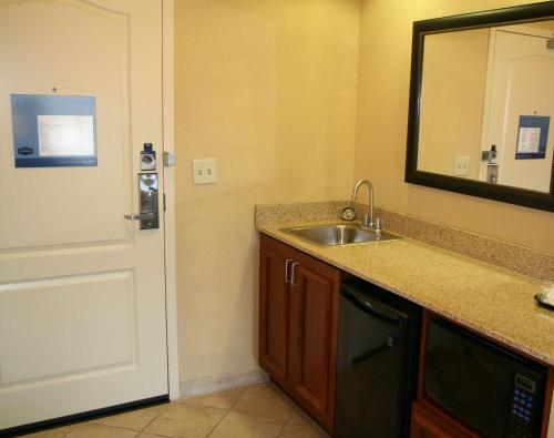 a bathroom with a sink and a mirror next to a door at Hampton Inn & Suites Paducah in Paducah