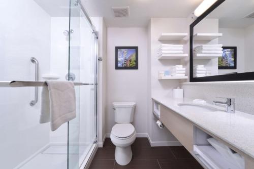 a bathroom with a toilet and a sink and a shower at Hampton Inn Portland East in Portland