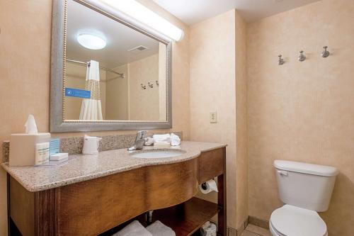 a bathroom with a sink and a toilet and a mirror at Hampton Inn Pine Grove in Pine Grove